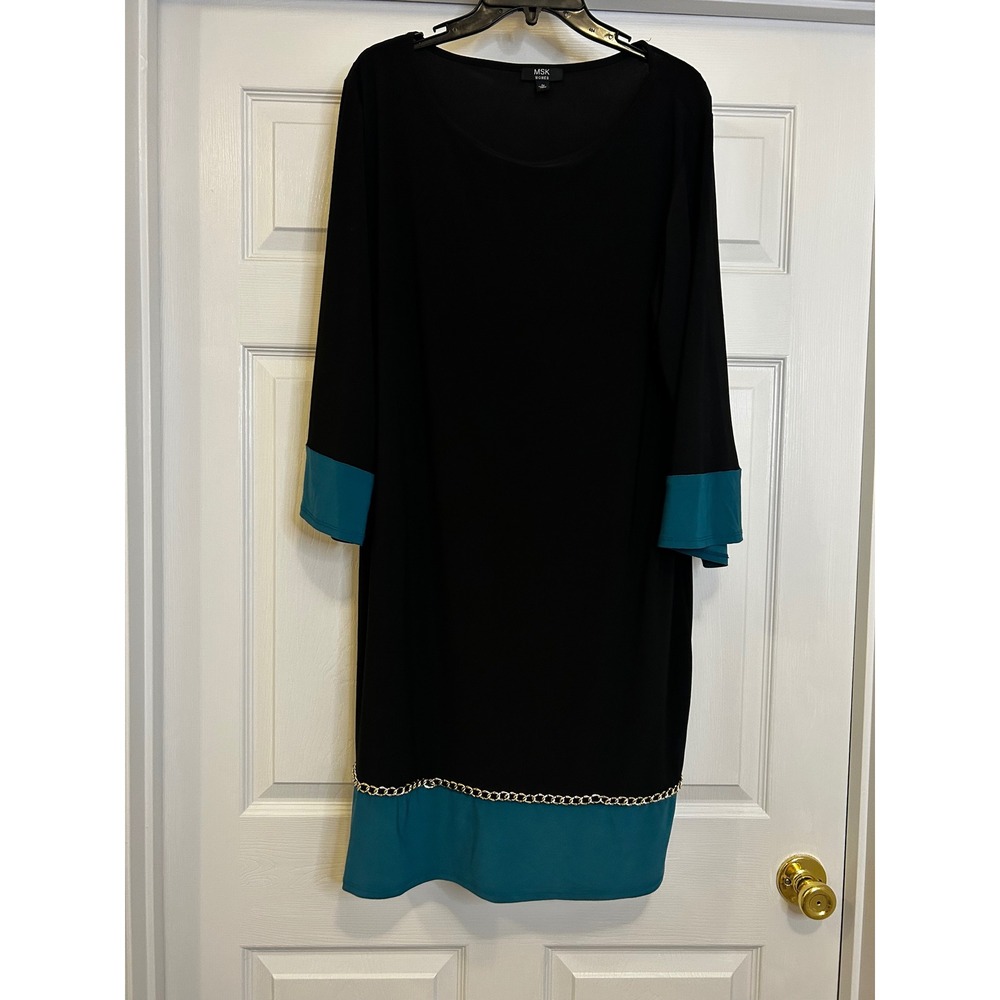 MSK Women blue/gold dress with gold chain, 1X